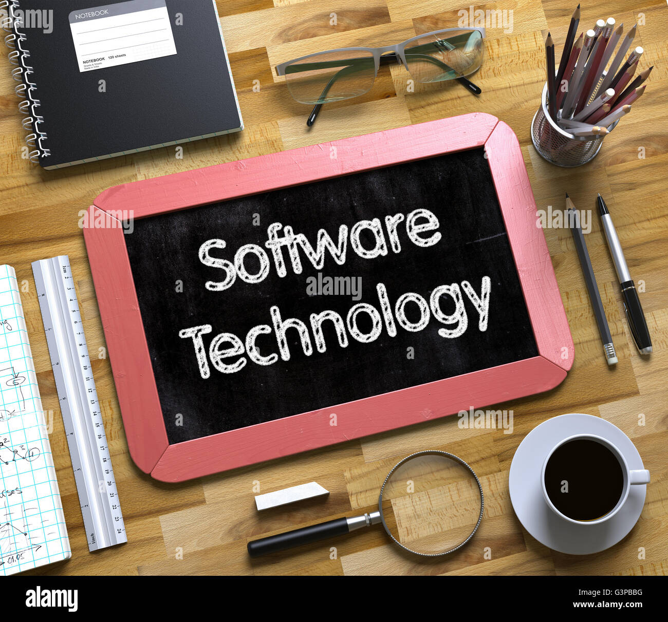 Kleine Tafel mit Software-Technologie-Konzept. Stockfoto