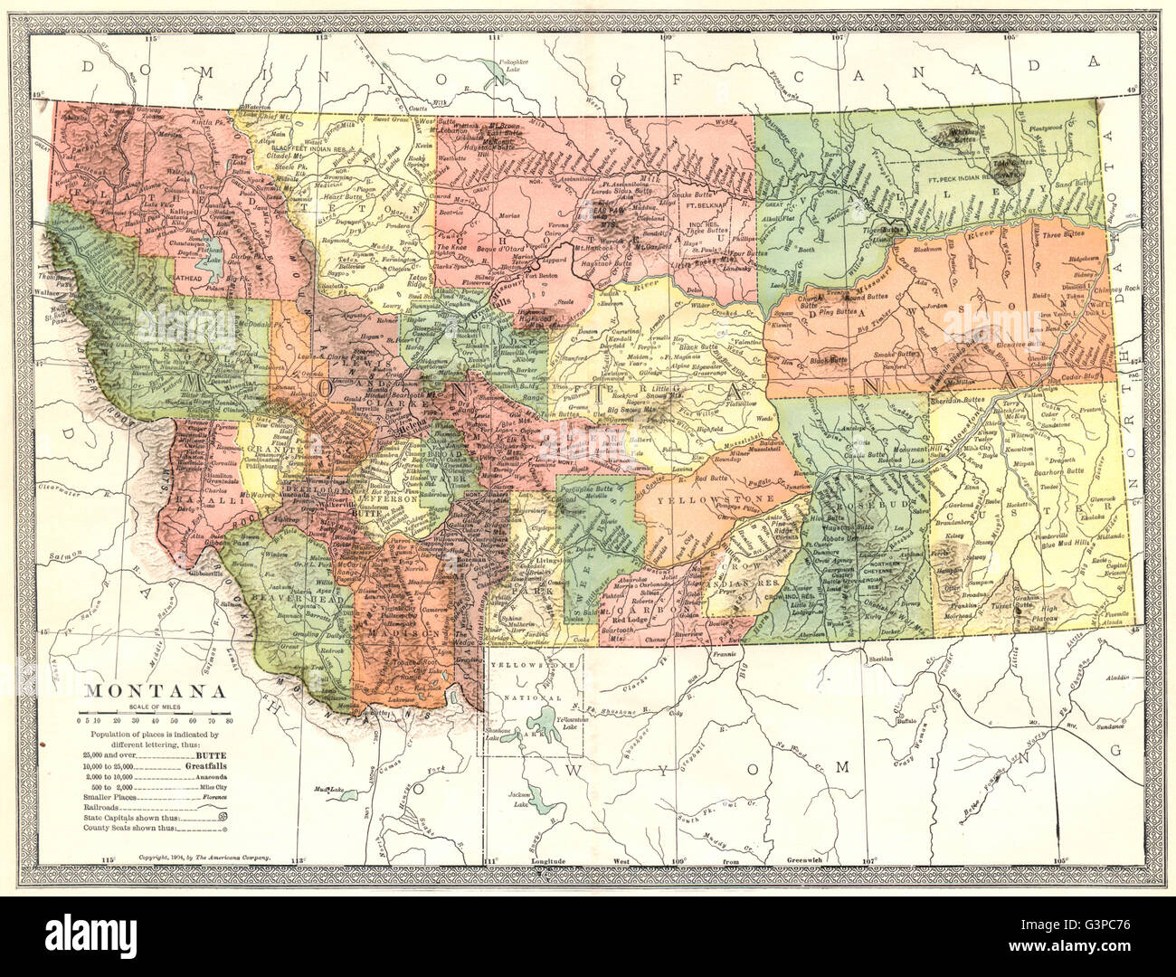 MONTANA State Karte. Grafschaften, 1907 Stockfoto