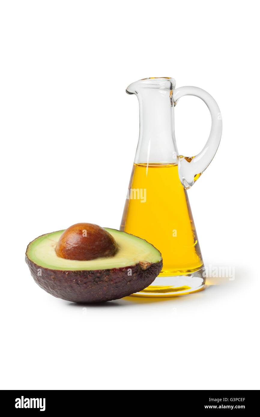 Flasche von Avocado-Öl auf weißem Hintergrund Stockfoto