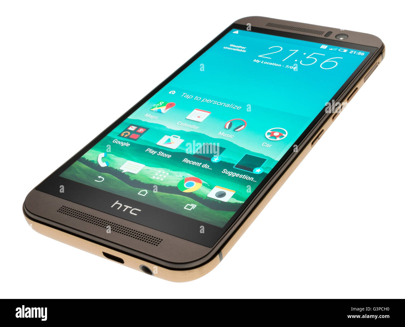 Handy HTC One M9. Smartphone aus Taiwan. Handy mit home Bildschirm und app-Icons. Stockfoto