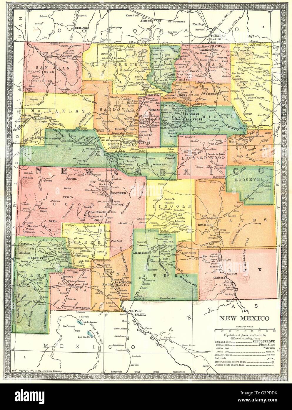 NEW MEXICO State Karte. Grafschaften, 1907 Stockfoto