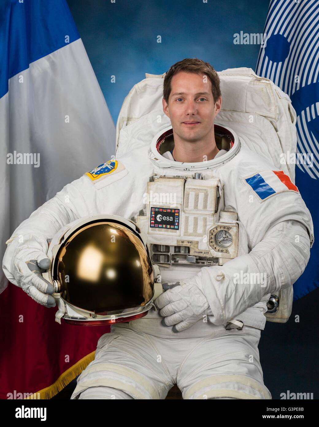 Internationale Raumstation ISS-Expedition 50 Europäische Weltraumorganisation Astronaut Thomas Pesquet offizielle Porträt tragen die WWU Raum passen seine 13. Juni 2016 in Houston, Texas. Stockfoto