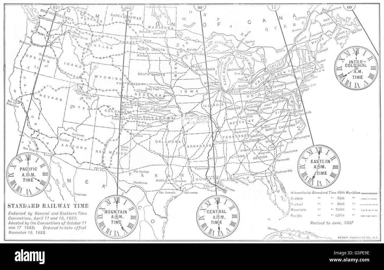 Vereinigte Staaten-Standard Eisenbahn-Zeit. Inter kolonialen Pacific östlichen & C, 1907-Karte Stockfoto