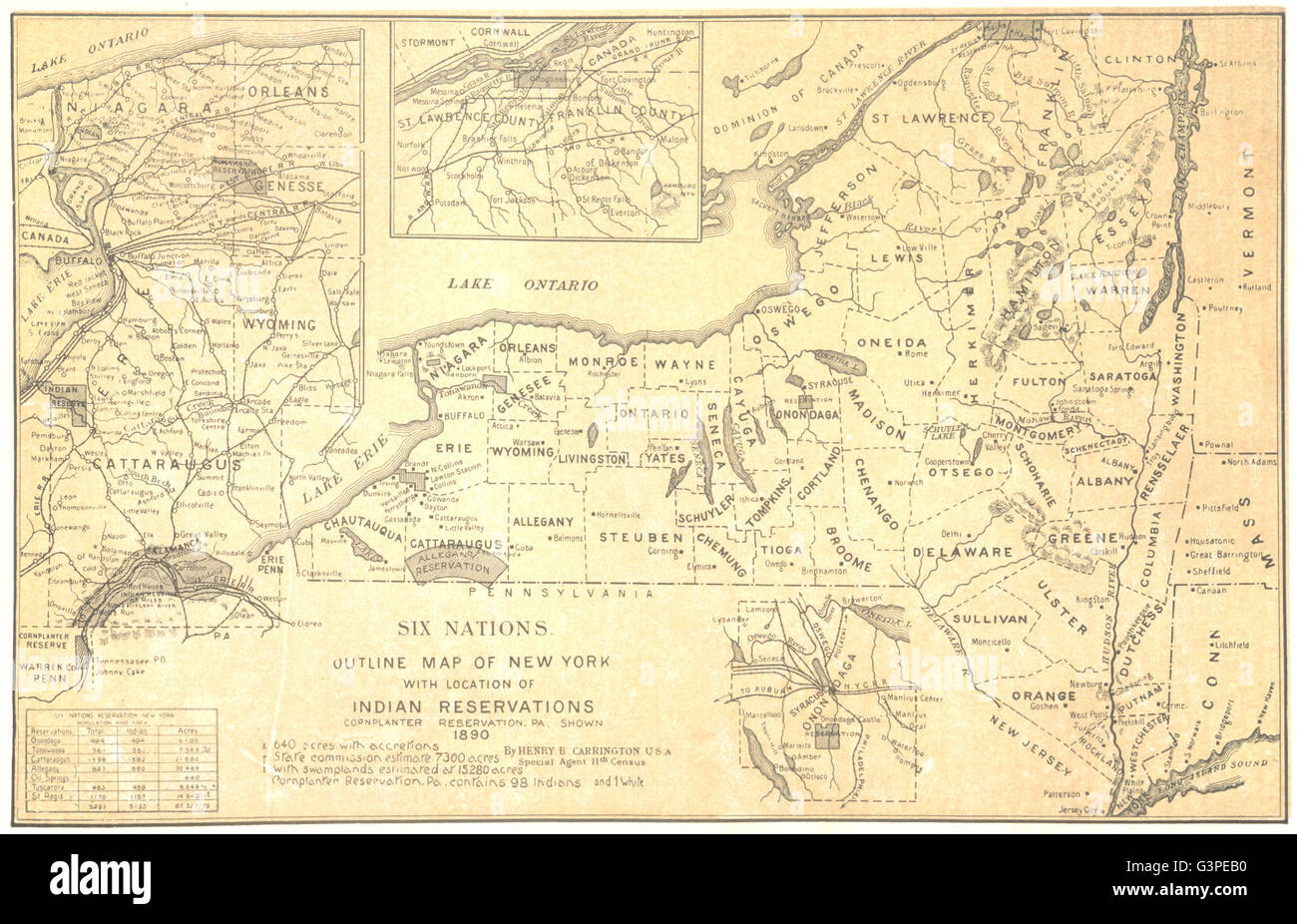 Six Nations Umriß von New York zeigen Indianerreservaten, 1907 Stockfoto