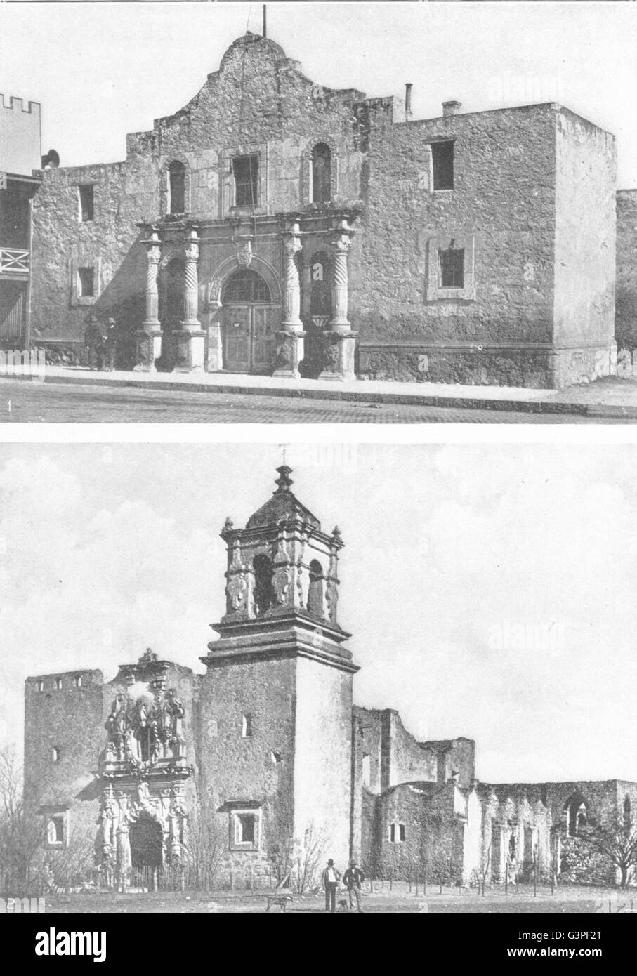 TEXAS: 1 Alamo, San Antonio, erbaut im Jahre 1718; 2 Mission Jose, antique print 1907 Stockfoto
