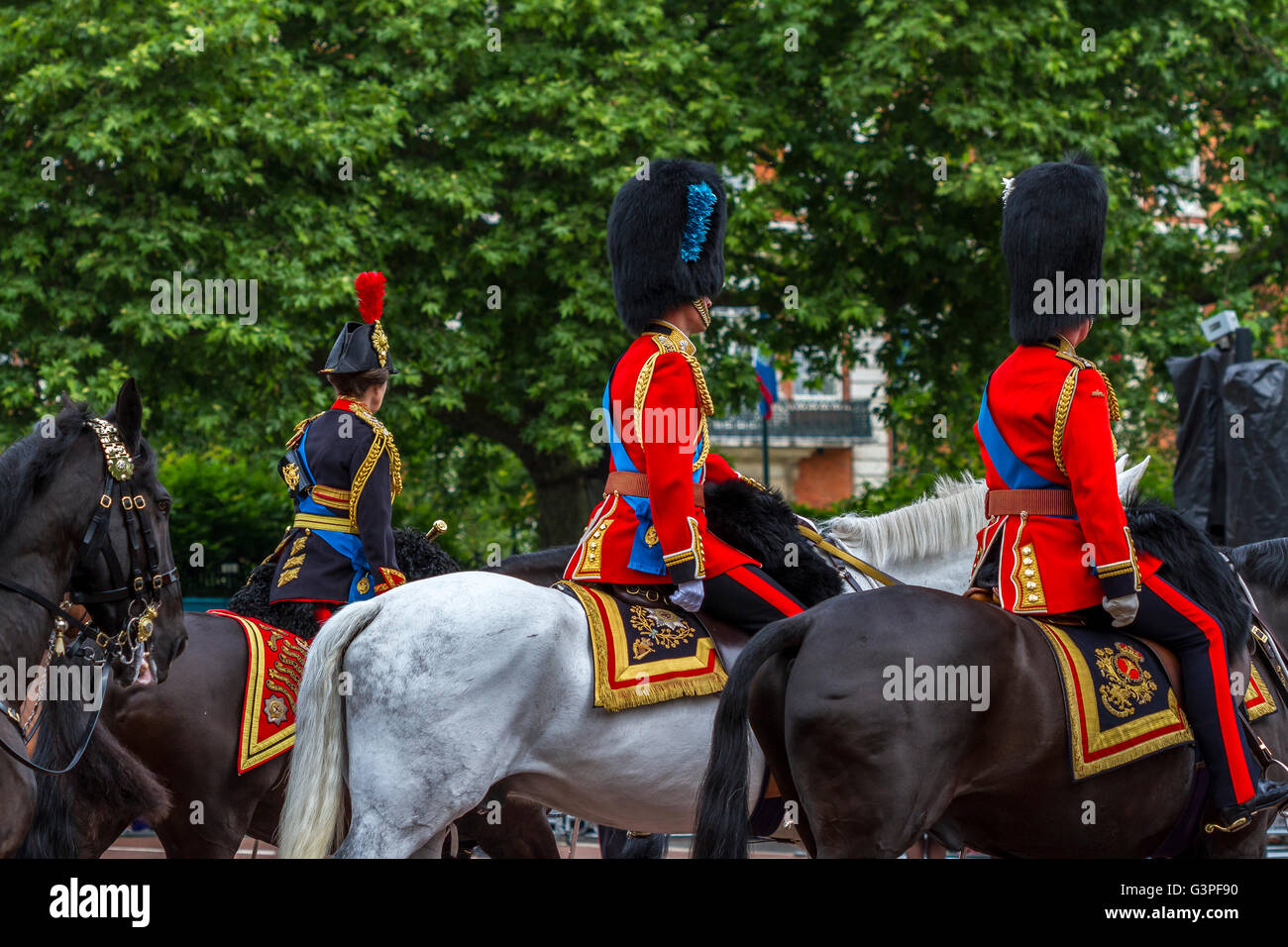 Prinzessin Anne, Prinz William und Prinz Charles zu Pferd bei der Queens Birthday Parade 2016, auch bekannt als The Trooping the Color, London, Großbritannien Stockfoto