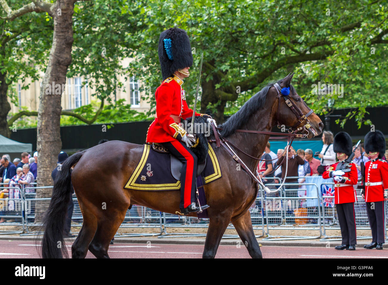 Ein Offizier der Irischen Garde, der bei der Queens Birthday Parade, auch bekannt als Trooping the Color, London, Großbritannien, zu Pferd entlang der Mall reitet Stockfoto