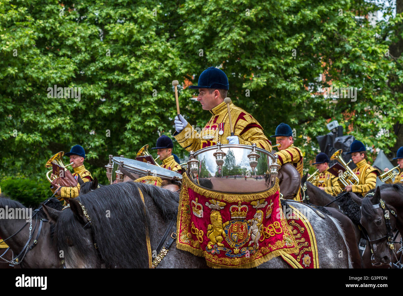 Ein Trommelpferd der Household Cavalry bei der Queens Birthday Parade 2016, auch bekannt als The Trooping of the Color , The Mall , London Stockfoto