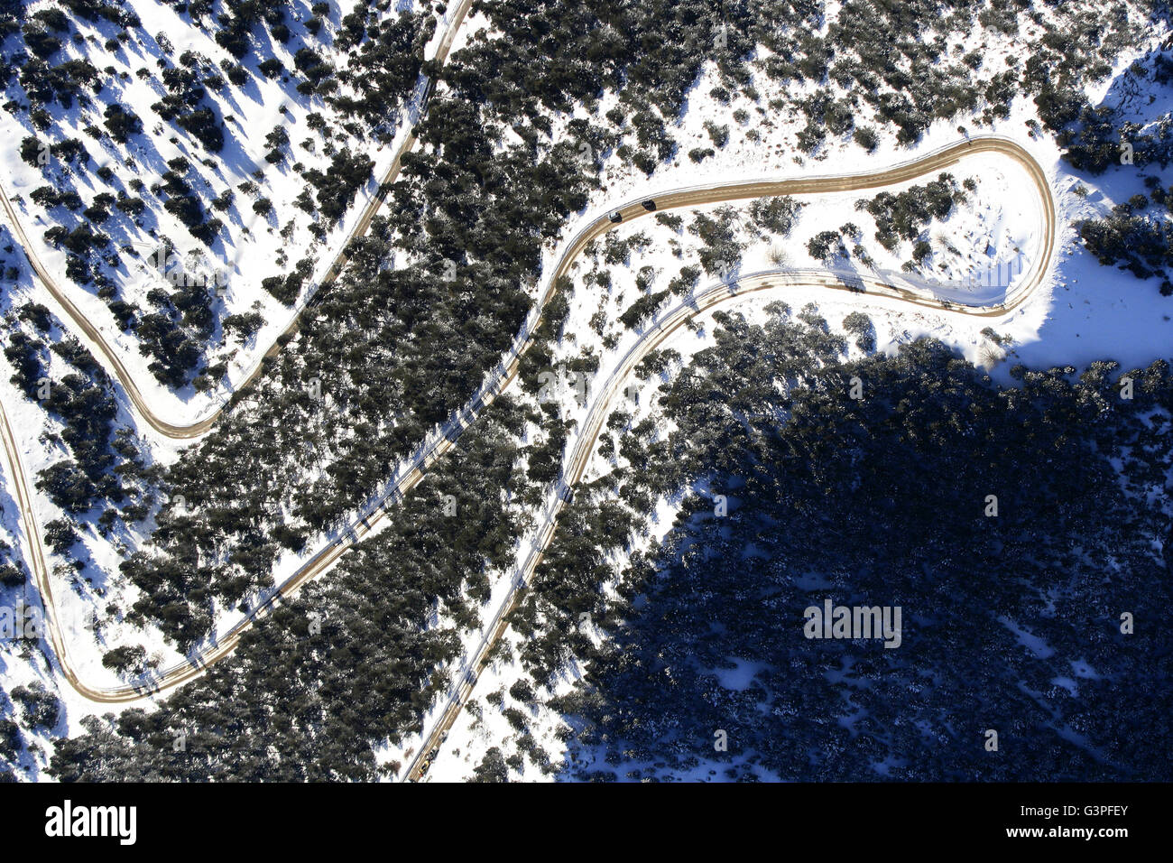 Straße, Luftbild. Serra del Cadi. Provinz Barcelona. Katalonien. Spanien Stockfoto