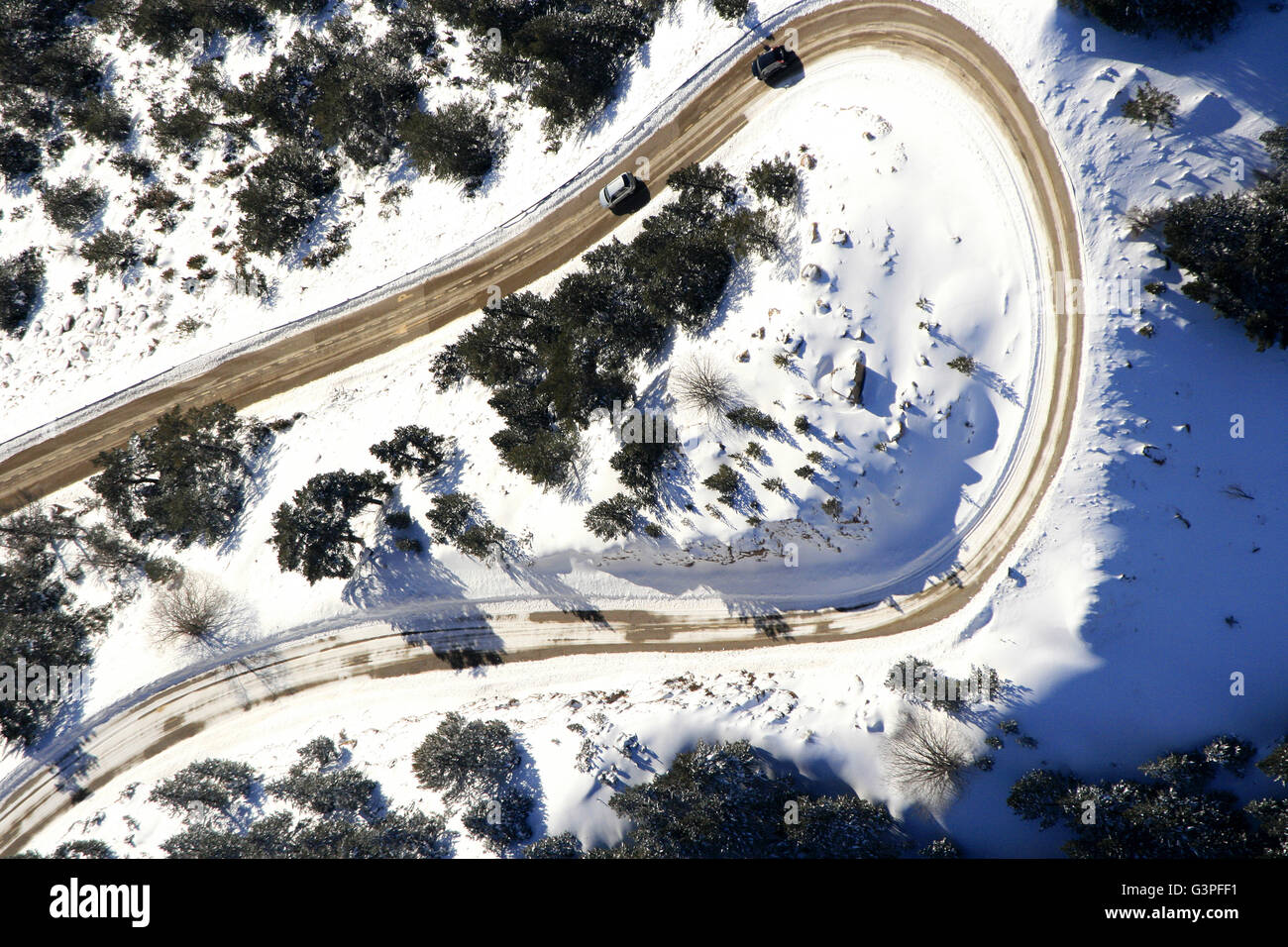 Straße, Luftbild. Serra del Cadi. Provinz Barcelona. Katalonien. Spanien Stockfoto