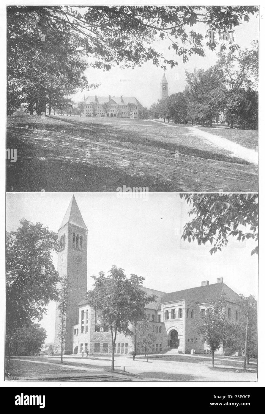 NEW YORK: Cornell University; 1 Boardman Hall; 2 Bibliotheksgebäude drucken 1907 Stockfoto
