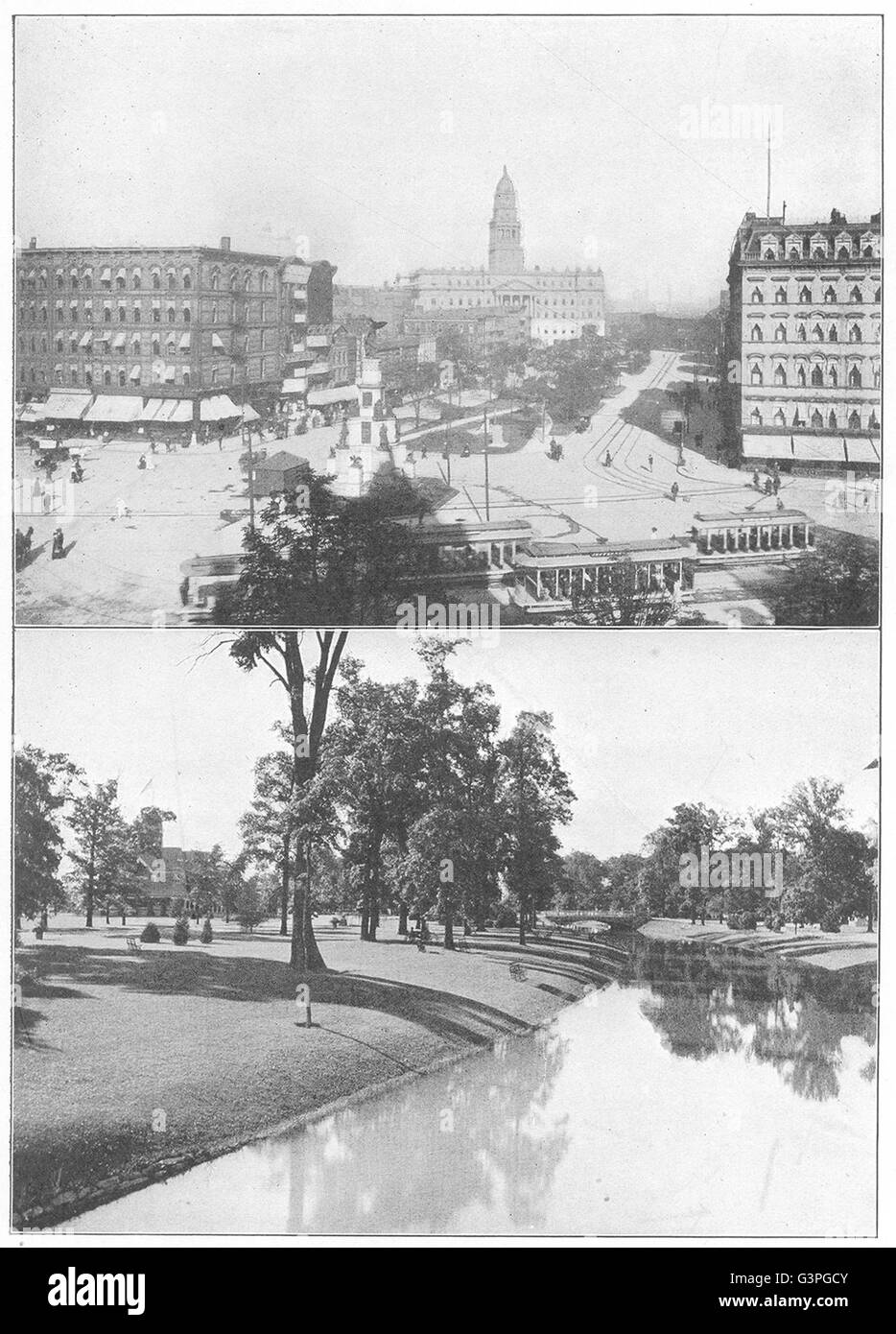 DETROIT: Cadillac Sq; Co Gebäude & Denkmal; Belle Isle Park; Canal Grande, 1907 Stockfoto
