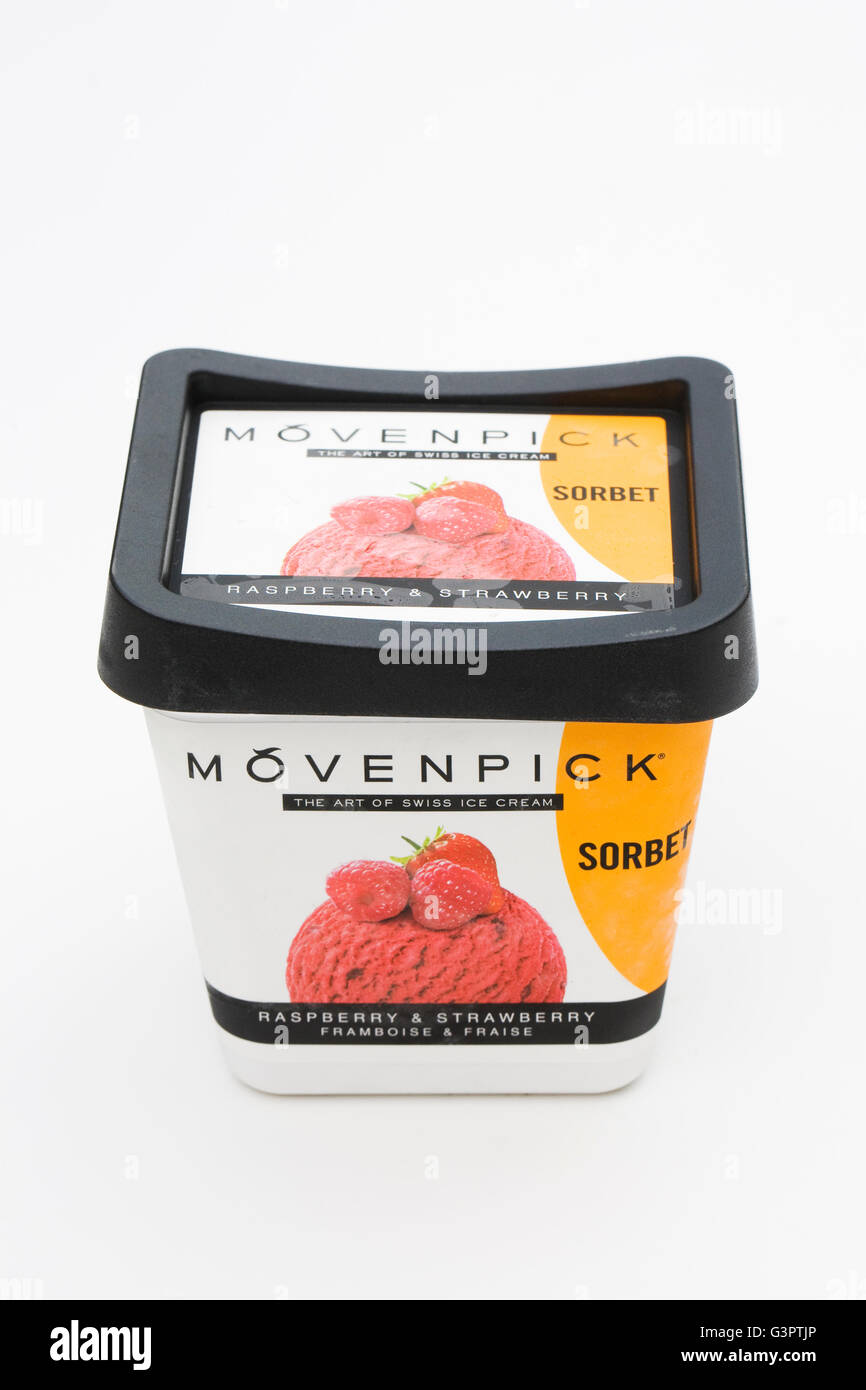 Mövenpick Sorbet auf einem weißen Hintergrund. Stockfoto