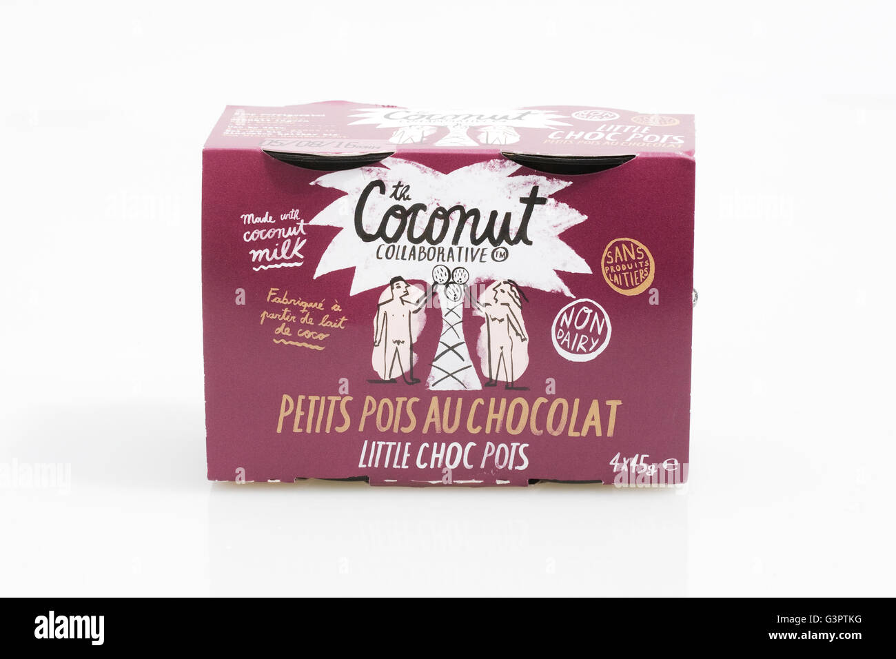 Kokosnuss kollaborative Schokolade Töpfe auf einem weißen Hintergrund. Stockfoto