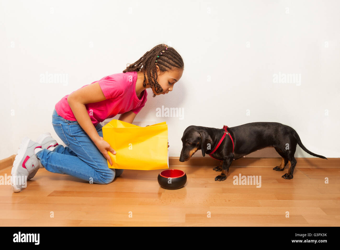 Schwarze Mädchen Essen auf Teller Hund Stockfoto