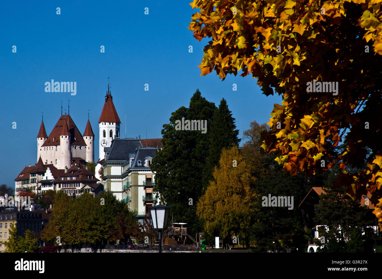 Schloss Thun und historische Stadt fallen Farben, Berner Alpen, Schweiz Stockfoto