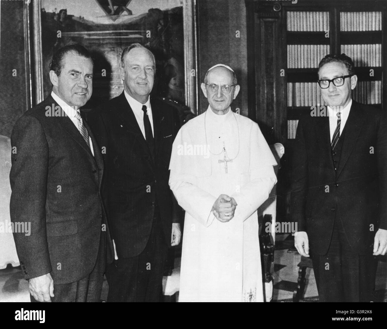 Papst Paul VI. mit Präsident Richard Nixon, Staatssekretär William P. Rogers und Henry A. Kissinger. Stockfoto