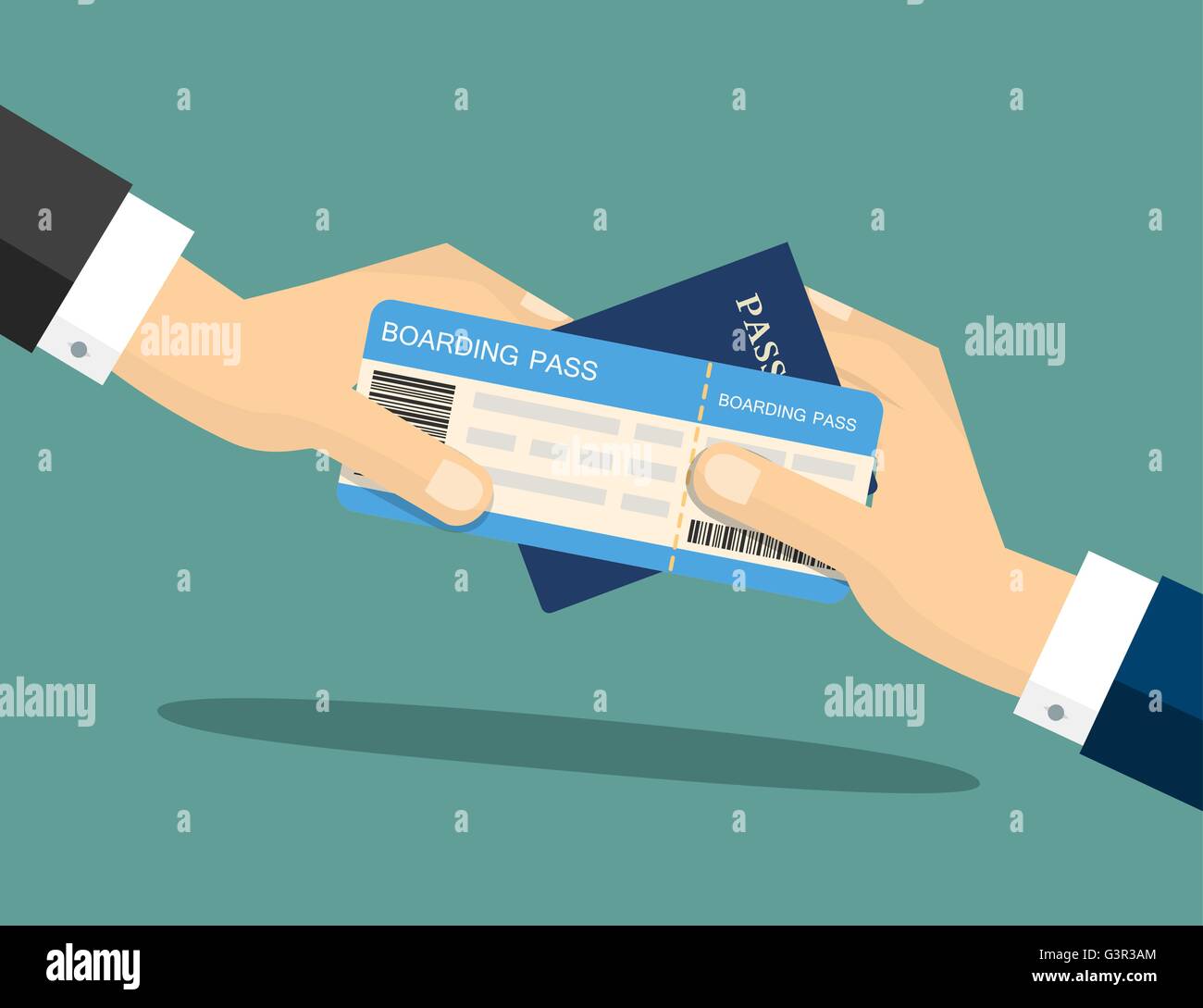 Nahaufnahme von einem Geschäftsmann Übergabe über seinen Boarding Pass und Reisepass am Flughafen-Check-in-Vektor-Illustration. Stock Vektor