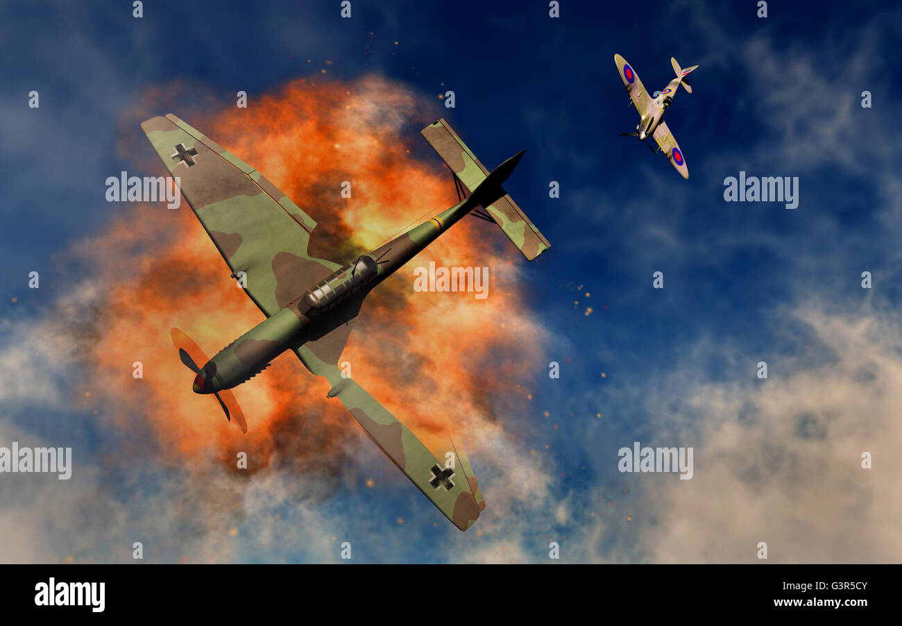Eine RAF Supermarine Spitfire Angriff auf eine deutsche Ju 87 Stuka Sturzkampfbomber. Stockfoto