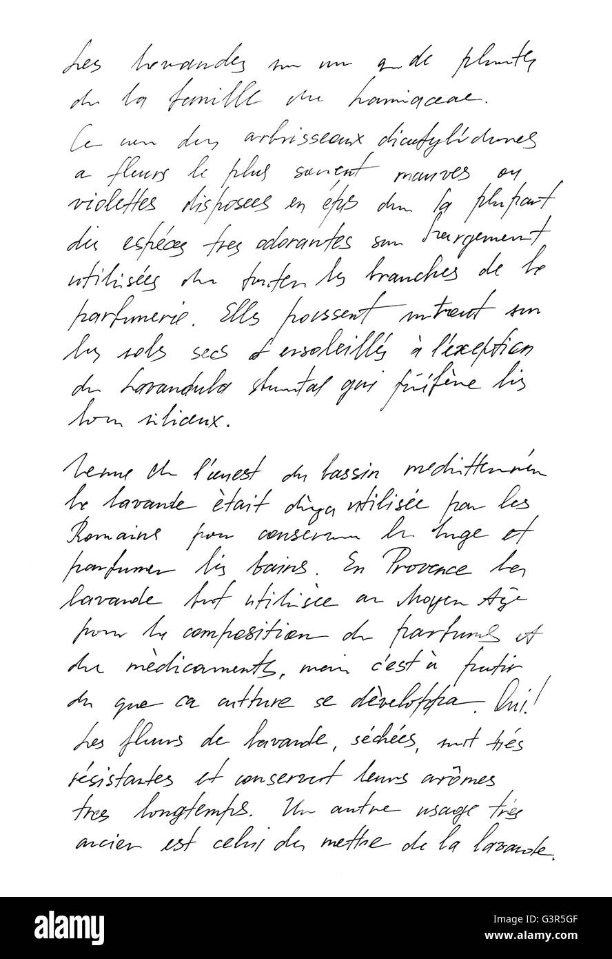 Undefinierten Text mit französischen Wörtern. Handgeschriebenen Brief. Handschrift. Kalligraphie. Manuskript. Skript-Schriftart. Abstrakte Textur backg Stockfoto