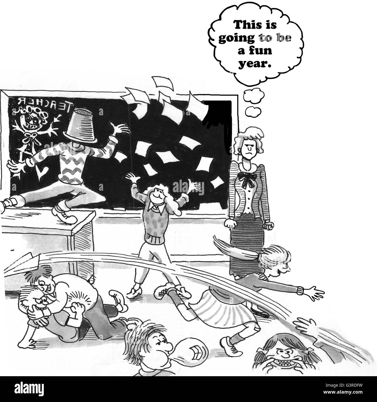 Bildung-Cartoon über eine chaotische Klassenzimmer. Stockfoto