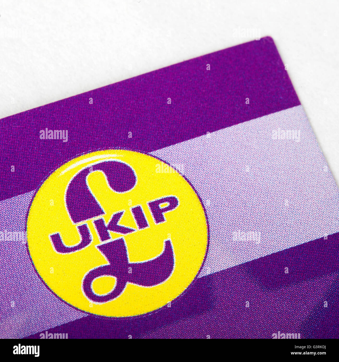 LONDON, UK - 13. Juni 2016: Eine Nahaufnahme des Symbols von der UK Independence Party auf einer Packungsbeilage, aufgenommen in London am 13. Juni 20 Stockfoto