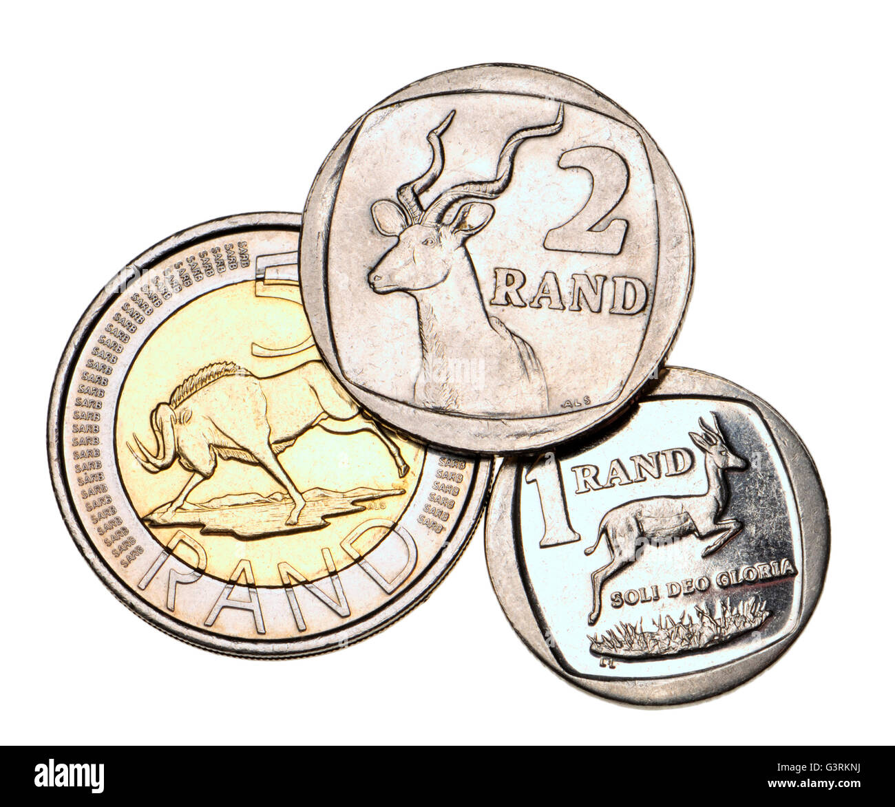 1, 2 und 5 Südafrikanischer Rand-Münzen Stockfoto