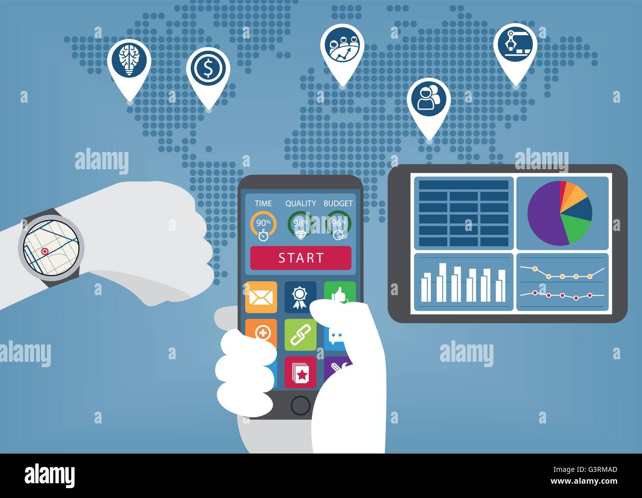 Mobile digitale Geschäft Infografik mit Hand Smartphone und beobachten Stock Vektor