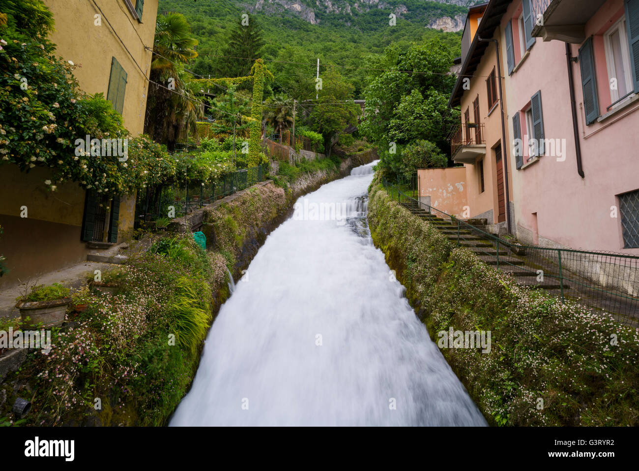 Fiumelatte-Fluss, in der Nähe von See Como, Italien in Varenna. Stockfoto