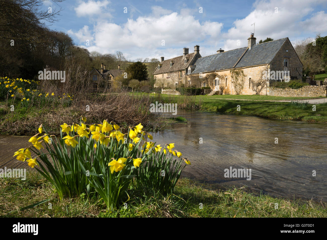 Narzissen und Cotswold stone Cottages durch den Fluss Auge, Upper Slaughter, Cotswolds, Gloucestershire, England, Vereinigtes Königreich Stockfoto