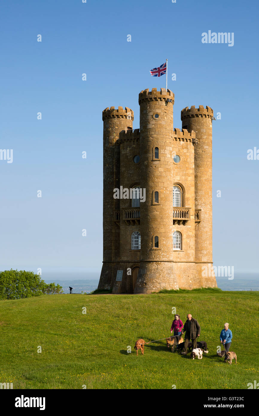 Broadway Tower mit Hund Spaziergänger, Broadway, Cotswolds, Worcestershire, England, Vereinigtes Königreich, Europa Stockfoto