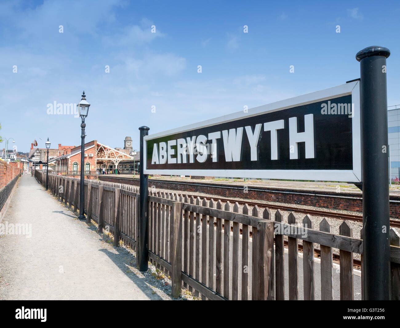 Aberystwyth Bahnhof anmelden Plattform, Ceredigion Wales UK Stockfoto