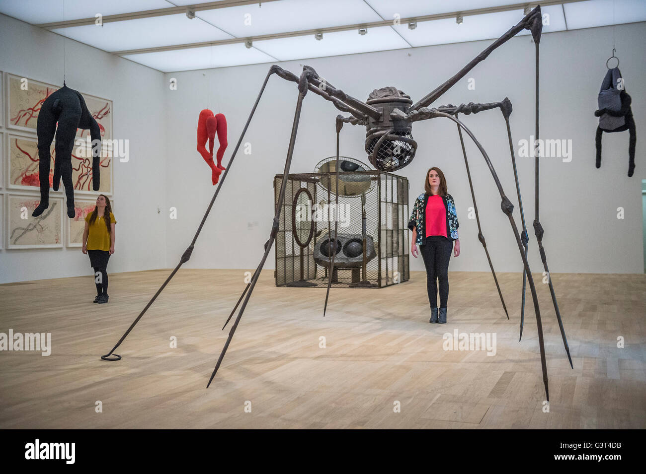 London, UK. 14. Juni 2016. "Single II" (links) und "Spinne" von Louise Bourgeois - der neue Tate Modern für die Öffentlichkeit am Freitag 17. Juni öffnet. Der neue Schalter Hausbau ist von den Architekten Herzog & de Meuron entworfen, auch die ursprüngliche Umwandlung der Bankside Power Station im Jahr 2000. Bildnachweis: Guy Bell/Alamy Live-Nachrichten Stockfoto
