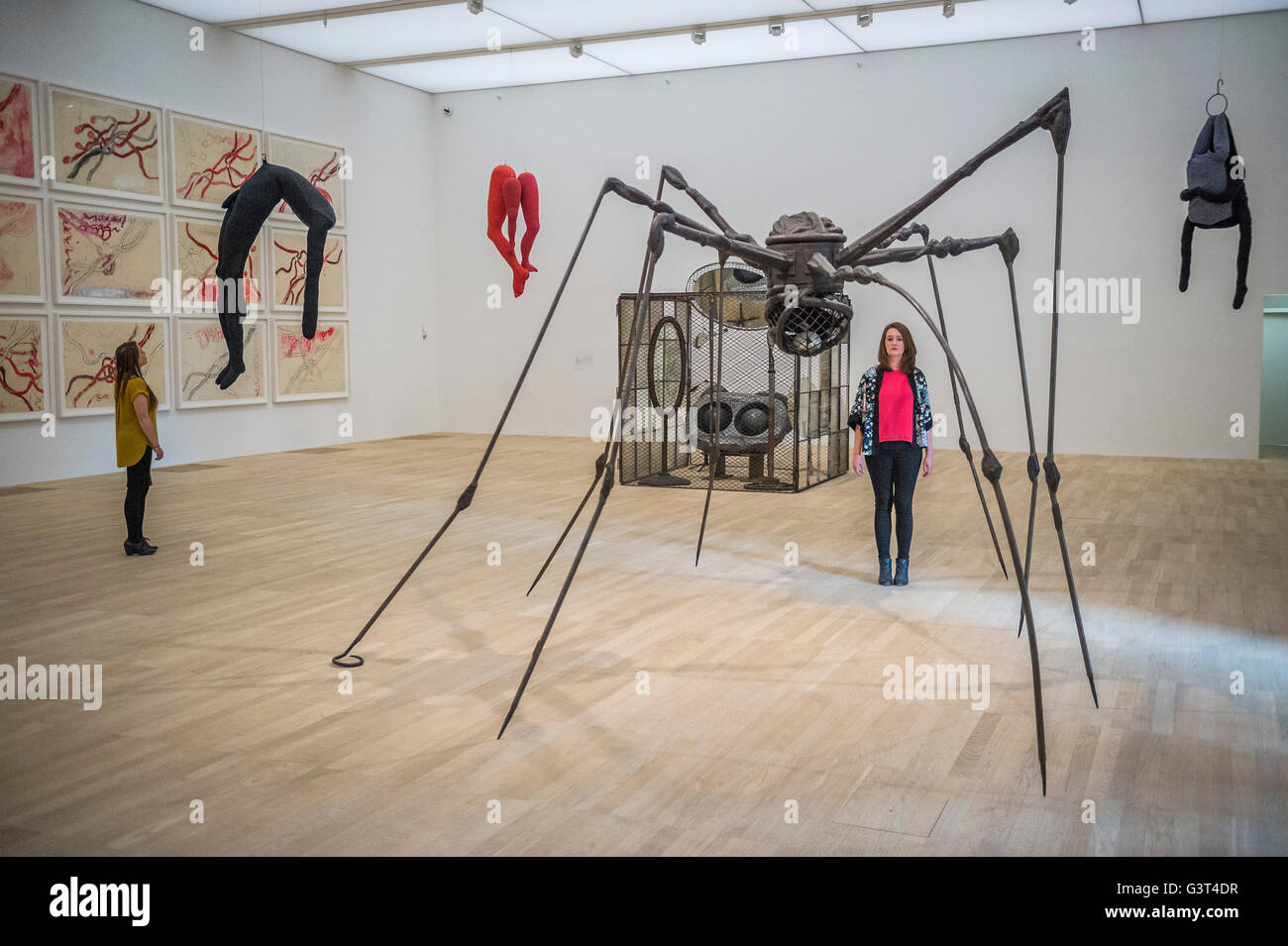 London, UK. 14. Juni 2016. "Single II" (links) und "Spinne" von Louise Bourgeois - der neue Tate Modern für die Öffentlichkeit am Freitag 17. Juni öffnet. Der neue Schalter Hausbau ist von den Architekten Herzog & de Meuron entworfen, auch die ursprüngliche Umwandlung der Bankside Power Station im Jahr 2000. Bildnachweis: Guy Bell/Alamy Live-Nachrichten Stockfoto