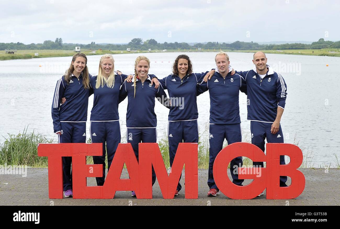 Windsor, Berkshire, UK. 14. Juni 2016. (l, R) Jess Walker, Rachel Cawthorn, Rebeka Simon, Louisa Gurski, Jon Schofield und Liam Heide. TeamGB verkünden die Kanu-Sprint-Team für die Olympischen Spiele in Rio2016. Dorney Lake. Windsor. Berkshire. VEREINIGTES KÖNIGREICH. 14.06.2016. Bildnachweis: Sport In Bilder/Alamy Live-Nachrichten Stockfoto