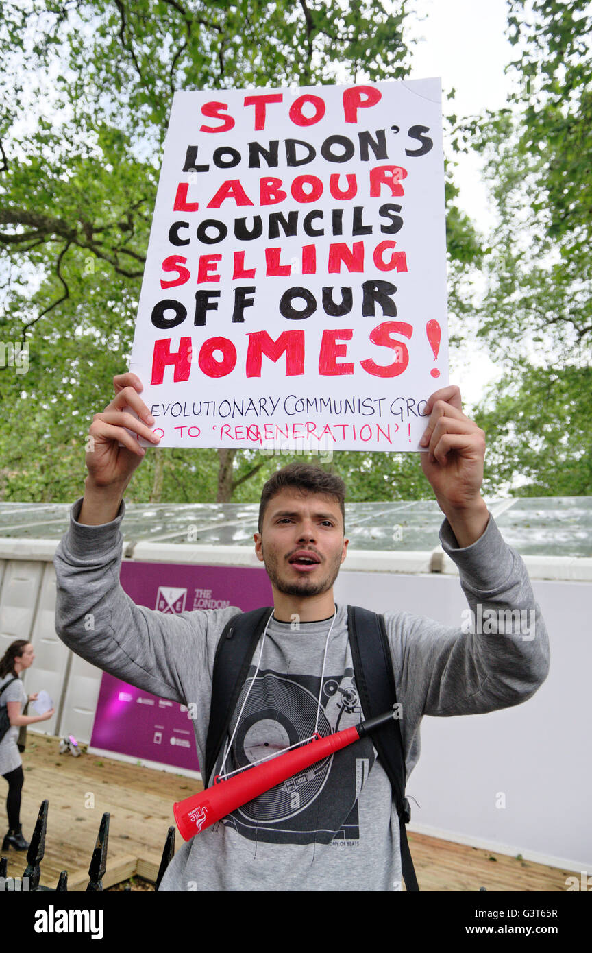 Mayfair, London, UK. 14. Juni 2016. Anarchistische Gruppe Klassenkampf zusammen mit der revolutionären kommunistischen Gruppe und andere Gehäuse-Aktivisten inszenieren eine Lärm-Demonstration am Eingang zum London Real Estate Forum der Sell-off durch London lokalen Behörden ihres Landes zu protestieren und Rat Immobilien, Bauträger. Bildnachweis: Denis McWilliams/Alamy Live-Nachrichten Stockfoto