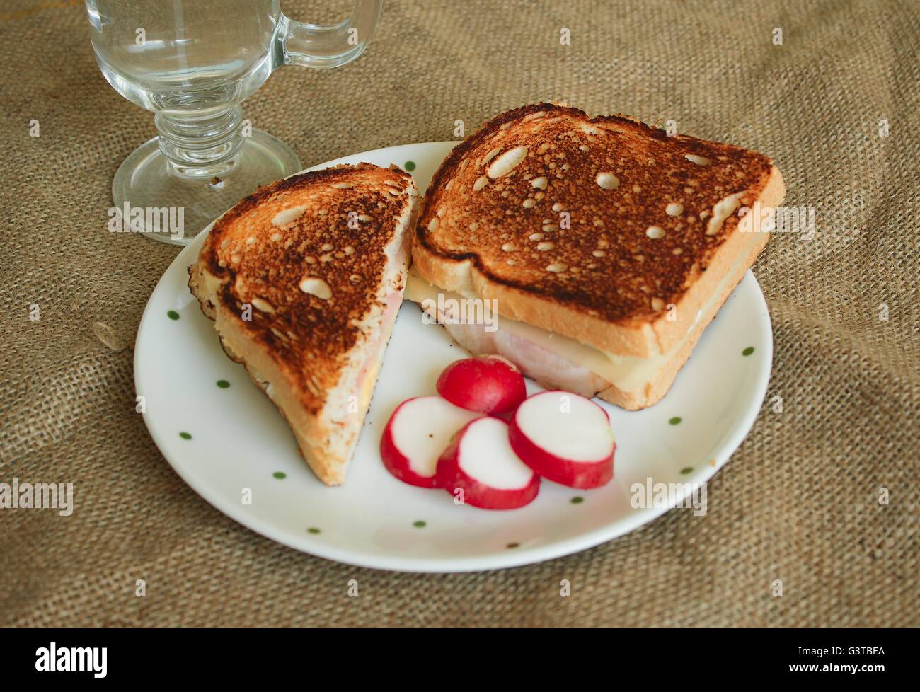 Toast mit Schinken und Käse auf weißen Teller mit Scheiben von Rettich im Hintergrund ein Glas mit Wasser Stockfoto