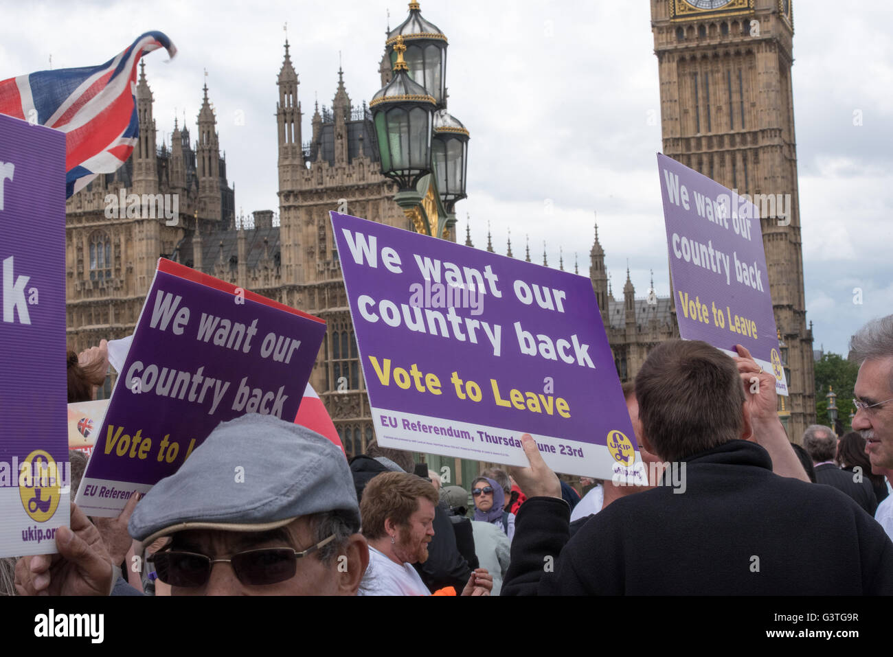 London, UK. 15. Juni 2016., UKIP Banner von Anhängern auf Westminster Bridge während der Fischerei für Urlaub Demonstration auf der Themse Kredit: Ian Davidson/Alamy Live News Stockfoto