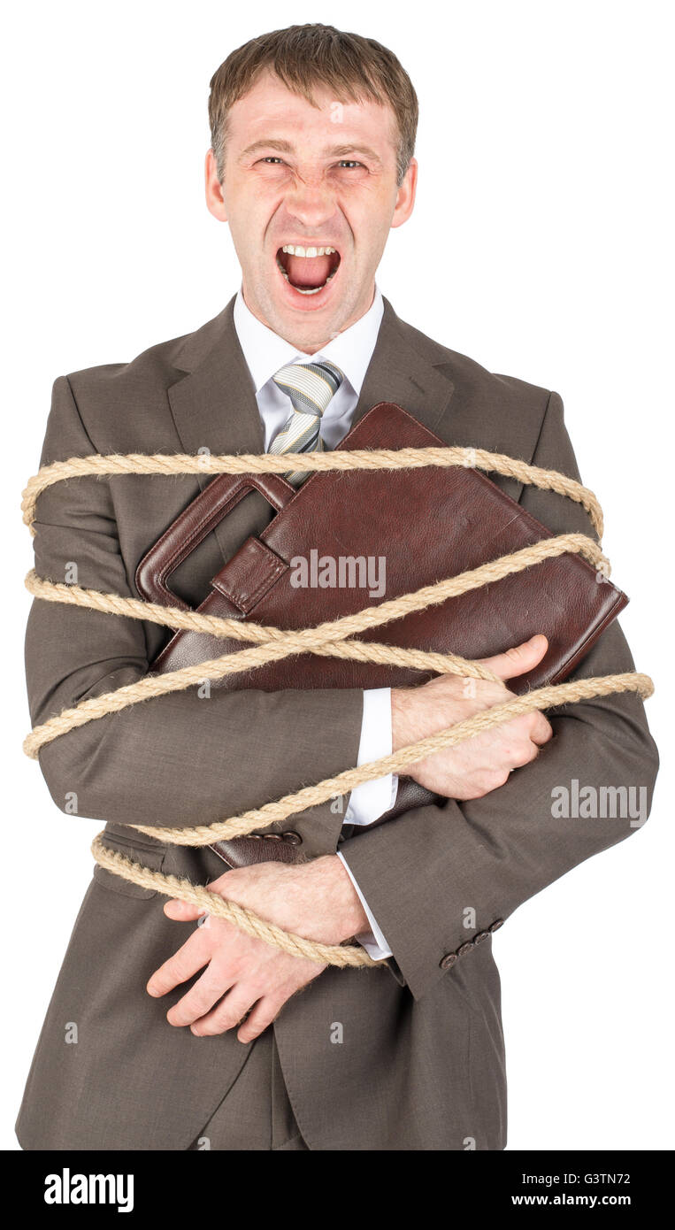 Geschäftsmann mit schreienden Seil gebunden Stockfoto