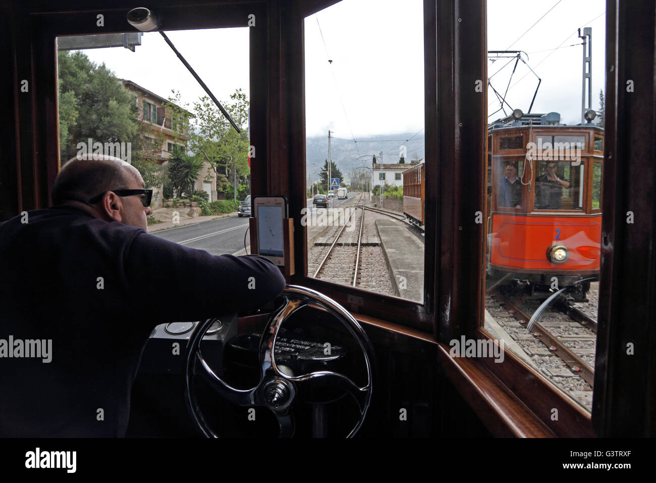 Blick vom Tram unterwegs von Port de Soller nach Soller, Mallorca Stockfoto