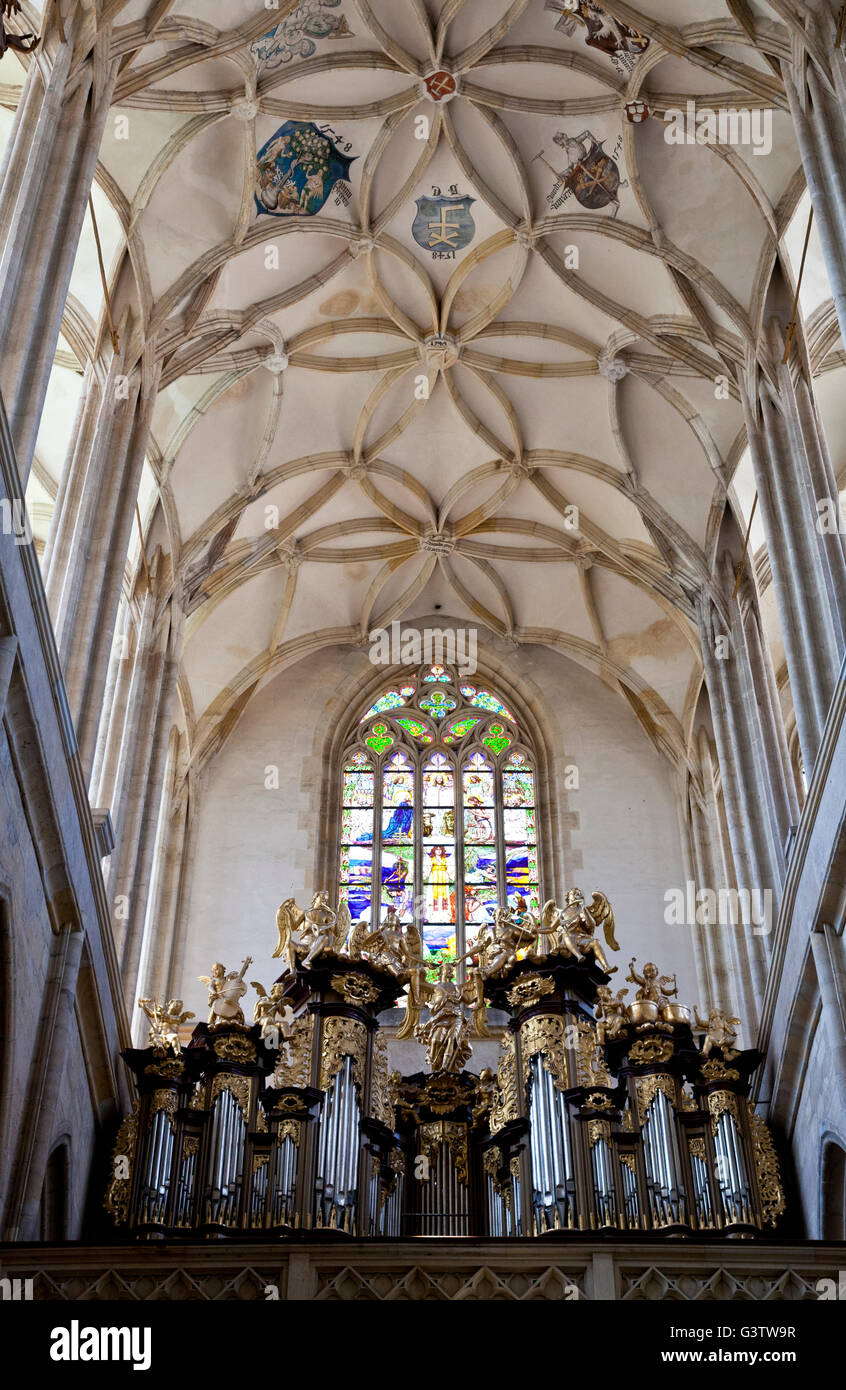 Verzierten Orgel und Glasmalerei-Fenster in der Kirche St. Barbara in Kutná Hora, Tschechische Republik. Stockfoto