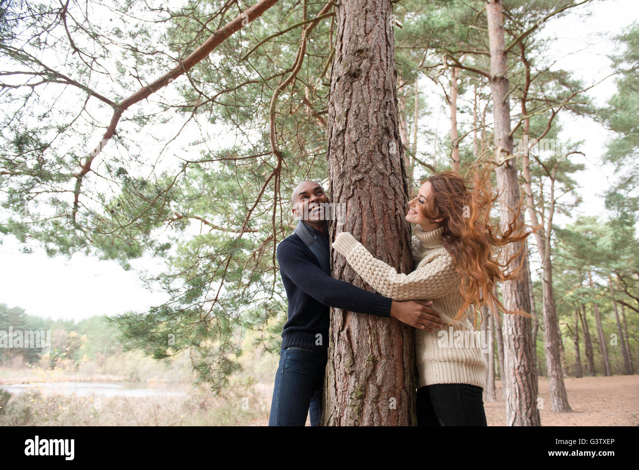 Ein junges Paar umarmt einen Baum in einem Waldspaziergang im Herbst. Stockfoto