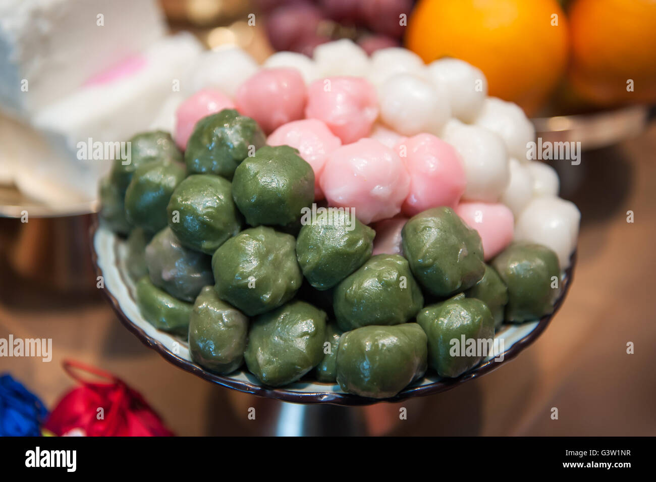 Koreanisches Essen, Platte Tteok, eine koreanische Reiskuchen Stockfoto