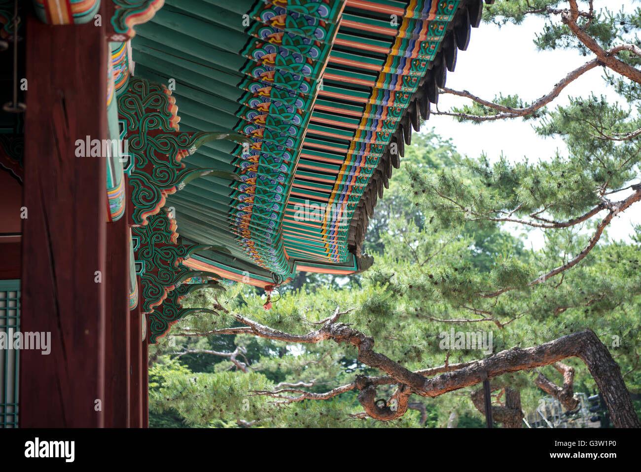 Traditionelle Korea Dach Dekoration. blauer Himmel und bunten Strukturen Stockfoto