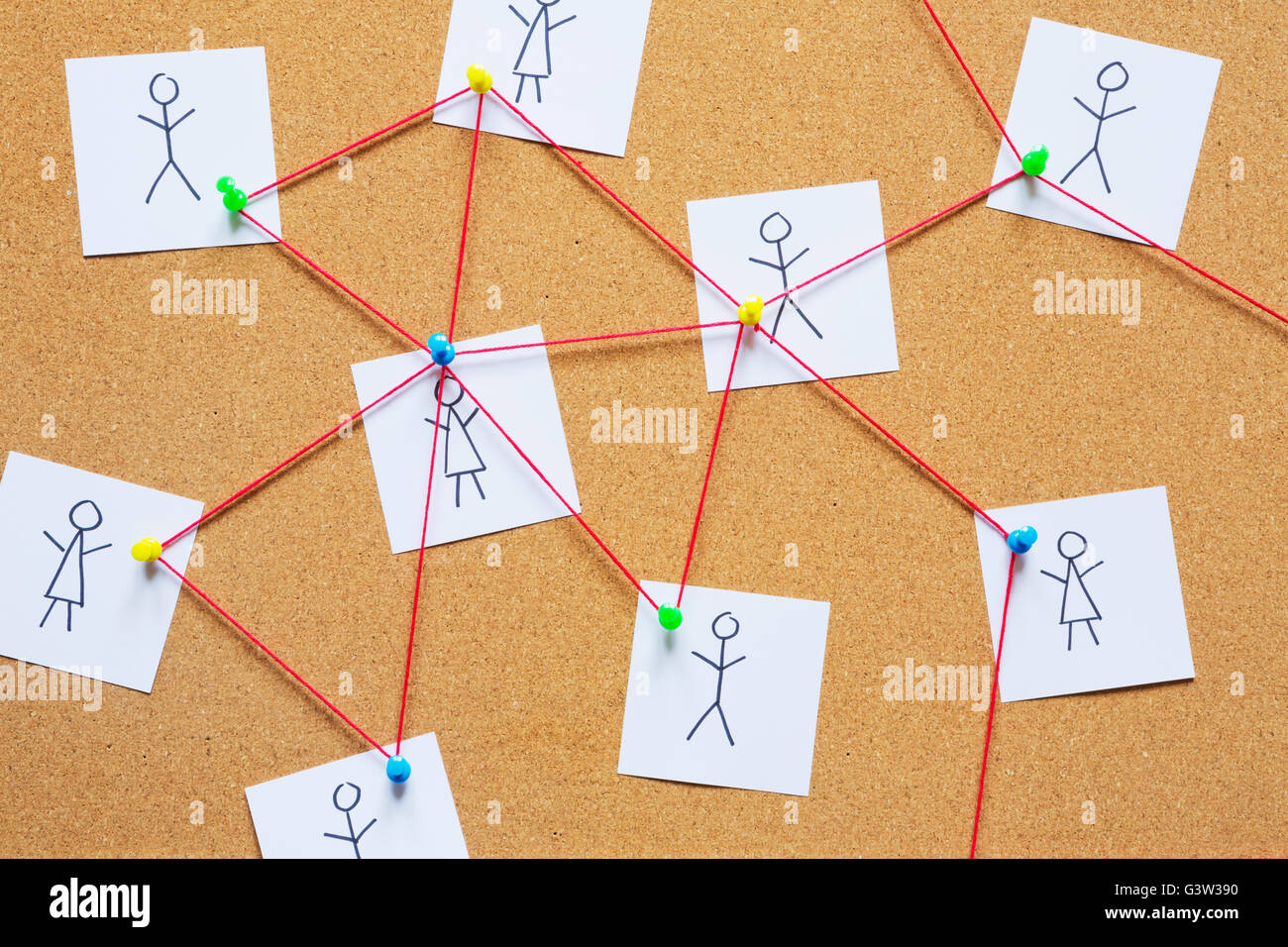 Visualisierung eines sozialen Netzwerks auf einer Kork-Pinnwand. Stockfoto