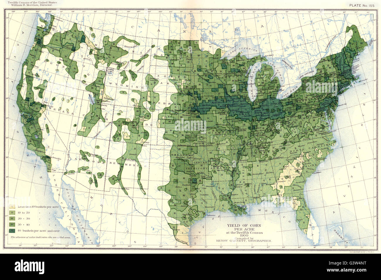 USA: Ertrag von Getreide pro Hektar bei der zwölften Volkszählung 1900 Antike Landkarte Stockfoto