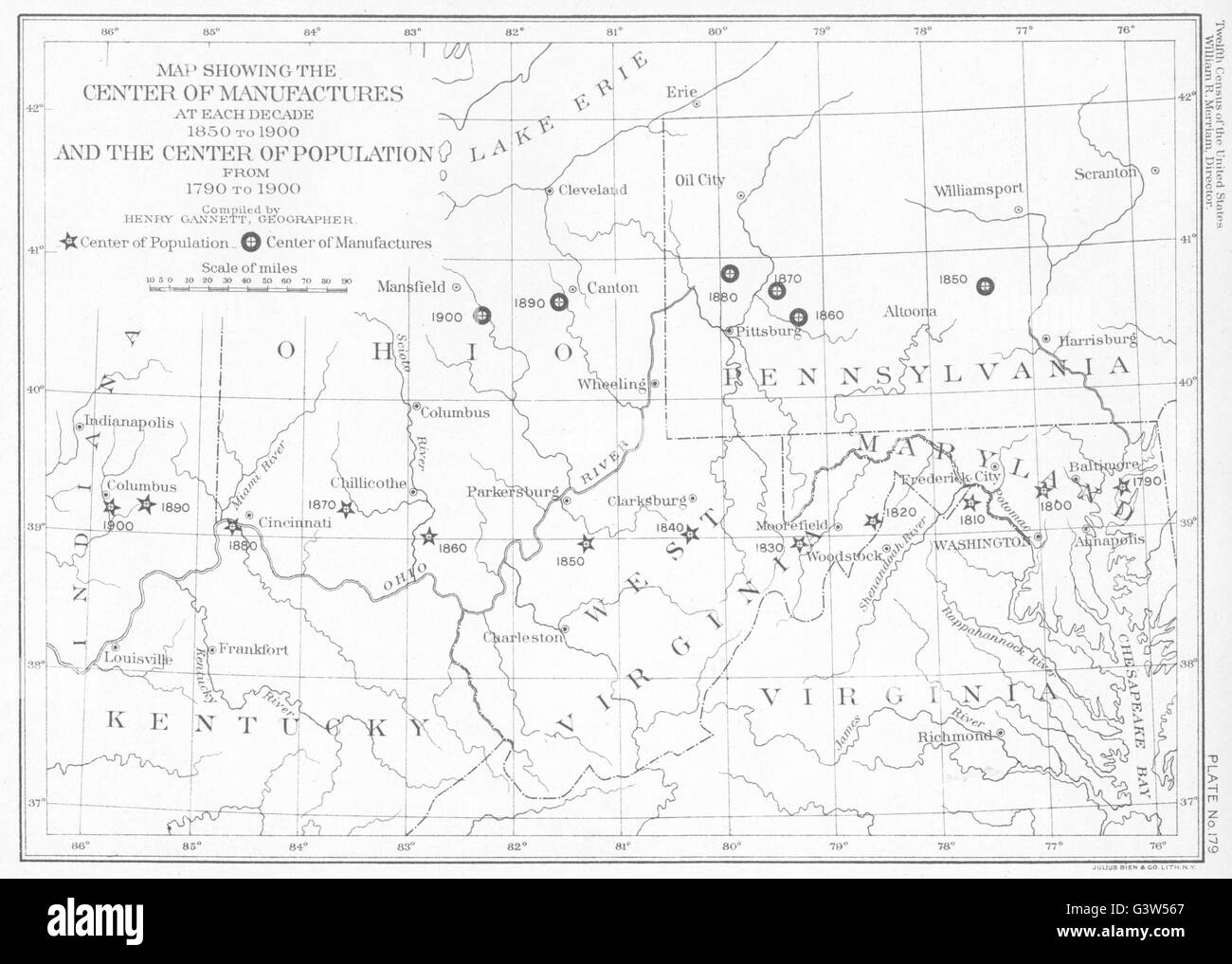 USA: PA WV OH MD VA KY: Karte Zentrum Verarbeitendes Gewerbe, Bevölkerung-1790-1900, 1900 Stockfoto