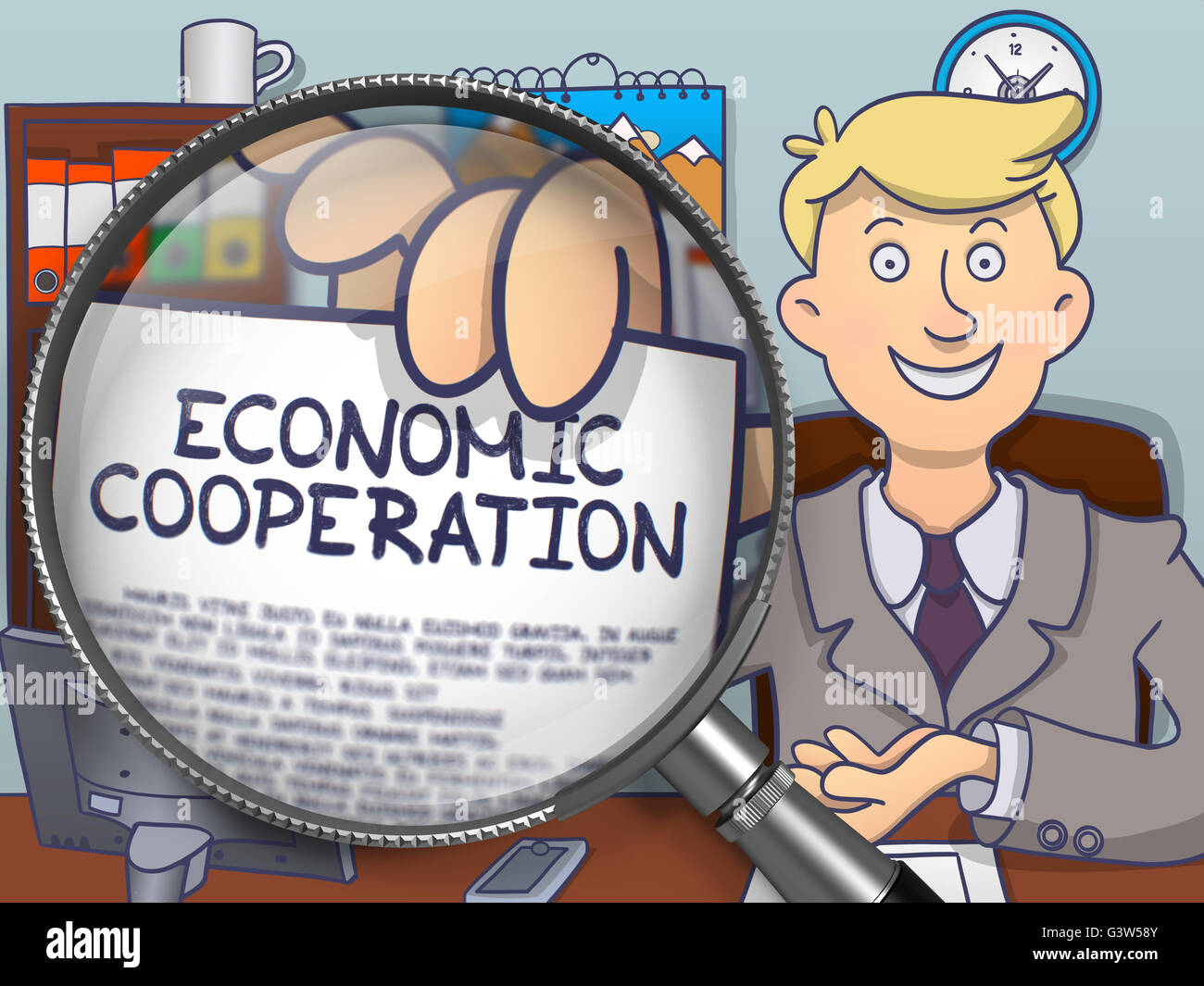 Wirtschaftliche Zusammenarbeit durch Lupe. Doodle-Konzept. Stockfoto