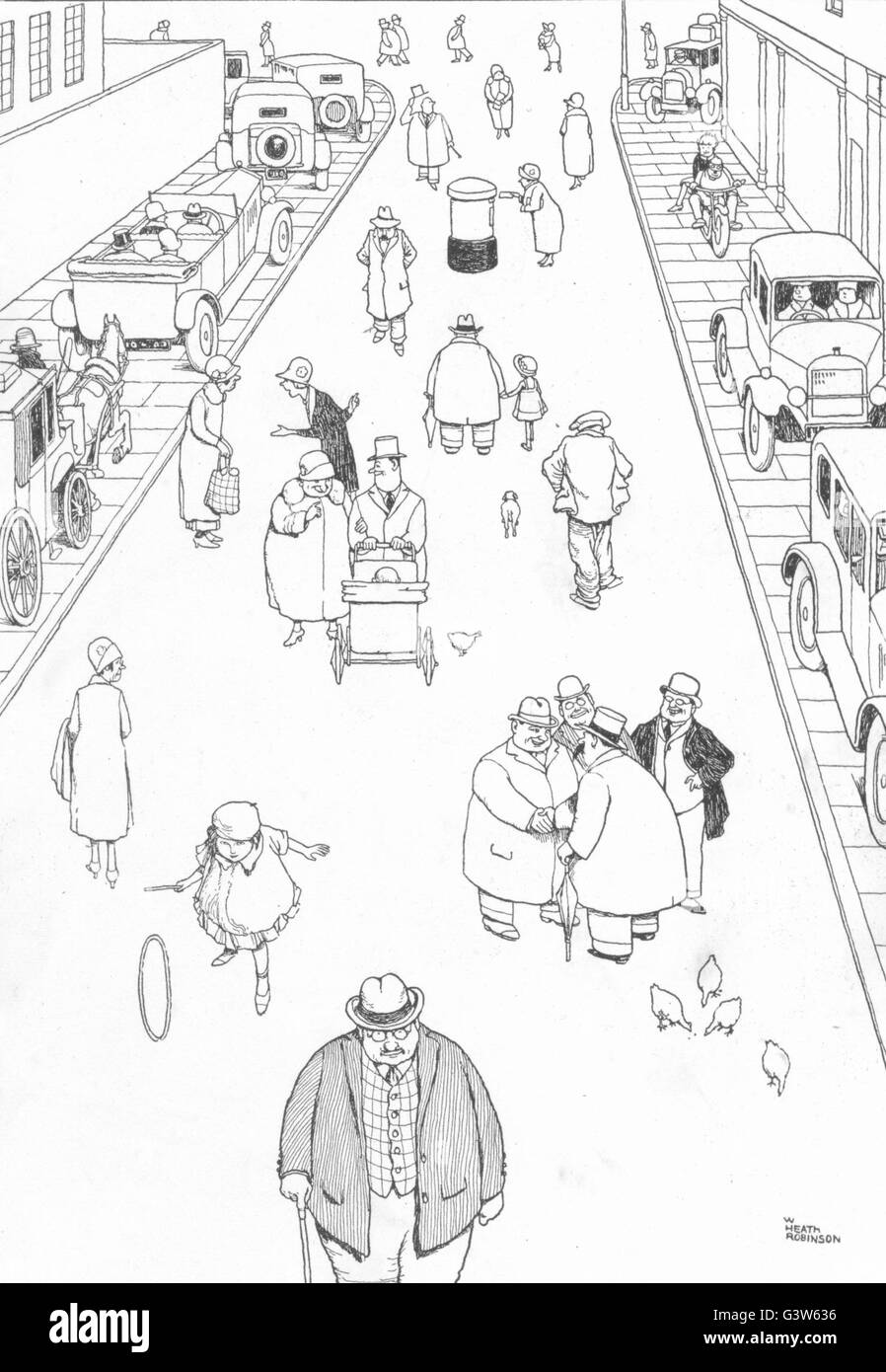 HEATH ROBINSON: Neue Straßenverkehrsordnung für die Sicherheit von Fußgängern, alten Drucken 1920 Stockfoto
