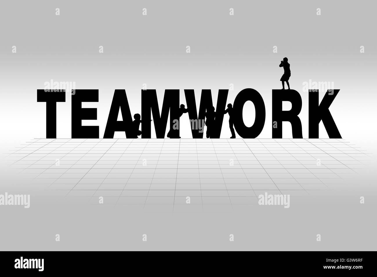 Teamarbeit-Wort Kommunikation Geschäftskonzept der Teamarbeit in der Silhouette. Stockfoto